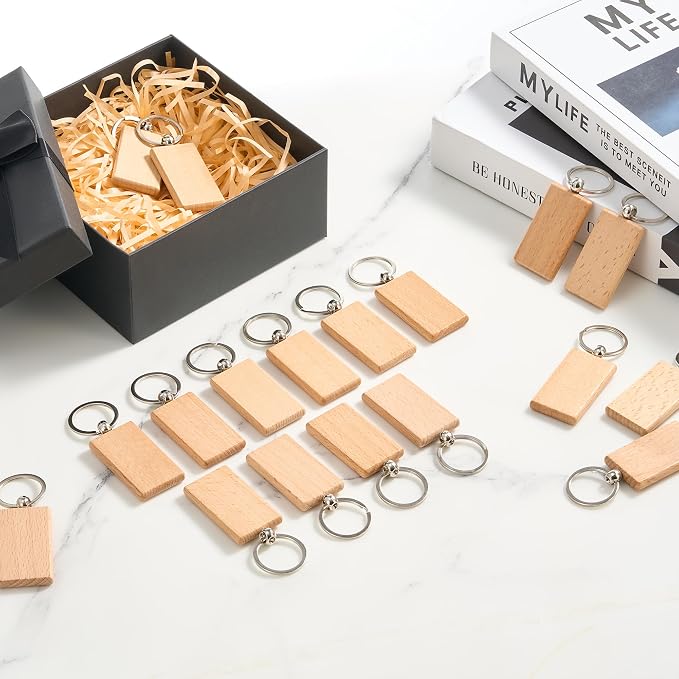 OMTech Wooden Keychain Blanks, Wood Key Chain Bulk, Unfinished Wooden Key Rings