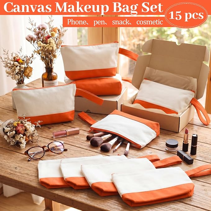 Silkfly 15 Pcs Cotton Canvas Makeup Bags Cosmetic Zipper Bags 10.2 x 5.5 x 2''