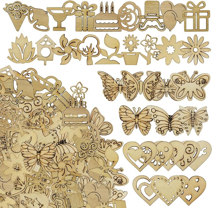 DIYOMR 200Pcs Hollow Wood Pieces Unfinished Wooden Vintage Embellishments