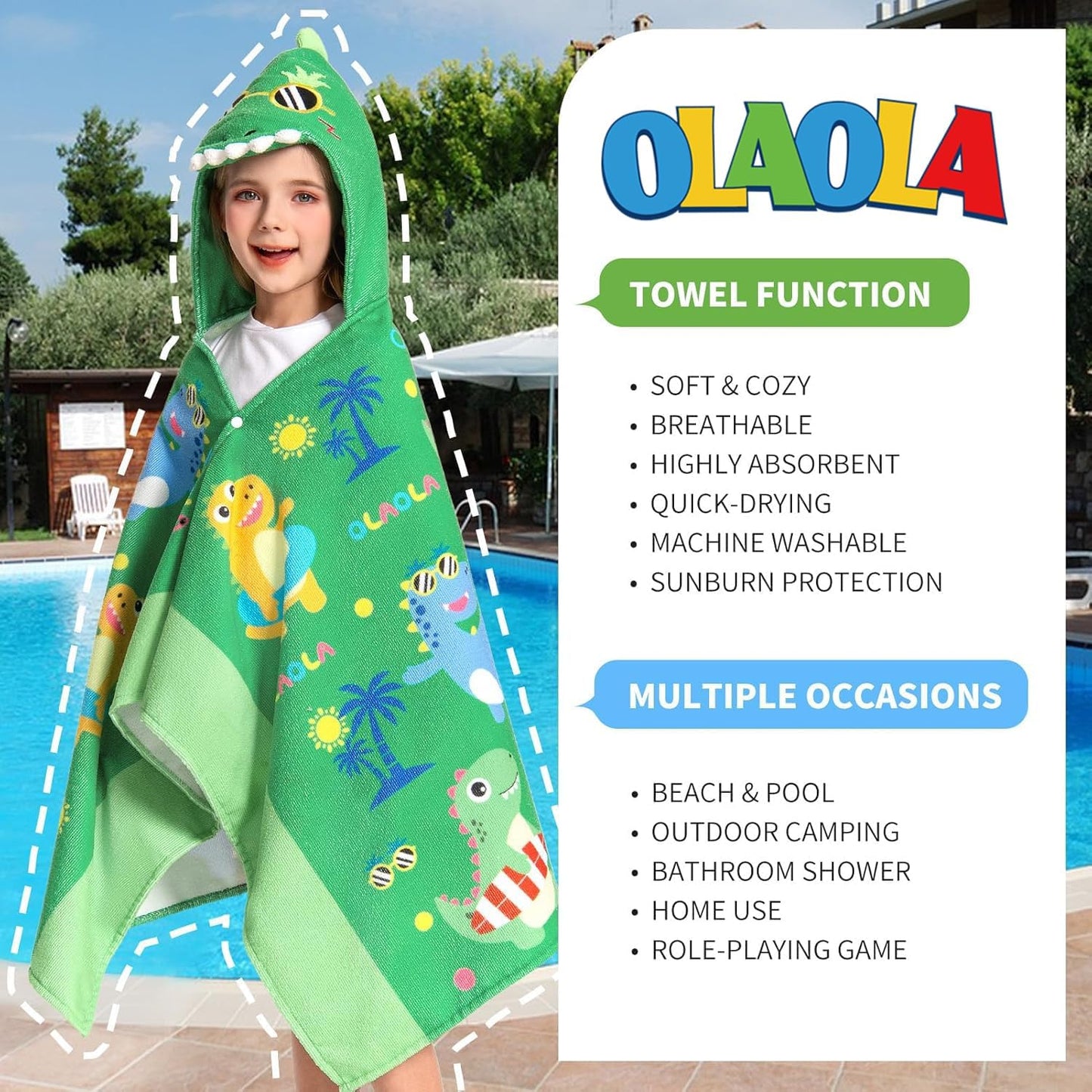 OLAOLA Dinosaur Beach Hooded Towel for Kids 3-12 Years, Soft Thick Absorbent Beach Towels, Toddler Bath Towel Wrap 28" x 53", Swim Pool Towels Poncho for Boys Girls