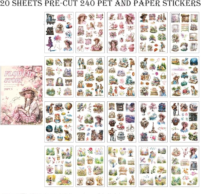 Scrapbook Stickers 20 Sheets 240 Pre-Cut Washi Stickers