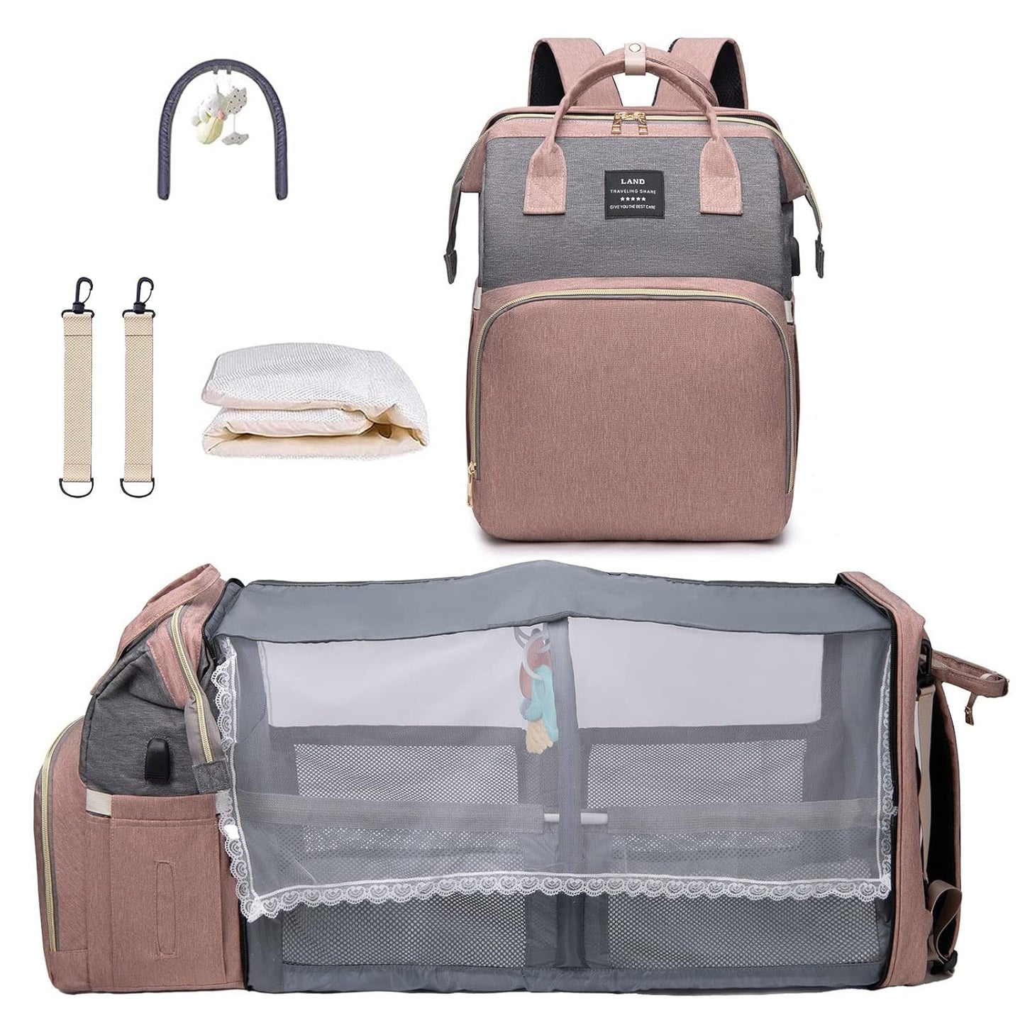Diaper Bag with Changing Station,Diaper Bag Backpack,Girl Boy Diaper Bag,Large Capacity,900d Excellent Oxford(Ungrade Pink Grey)