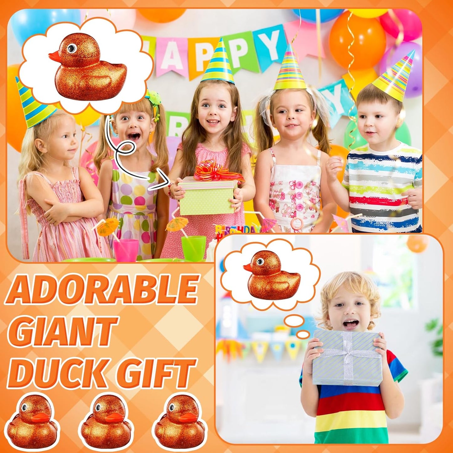 Honoson 6.89 Inch Giant Glitter Rubber Duck Big Glitter Rubber Duck Large Sparkly Duckling Bath Toy with Squeaky Sound for Summer Baby Shower Birthday Party Favor Gift(Orange)