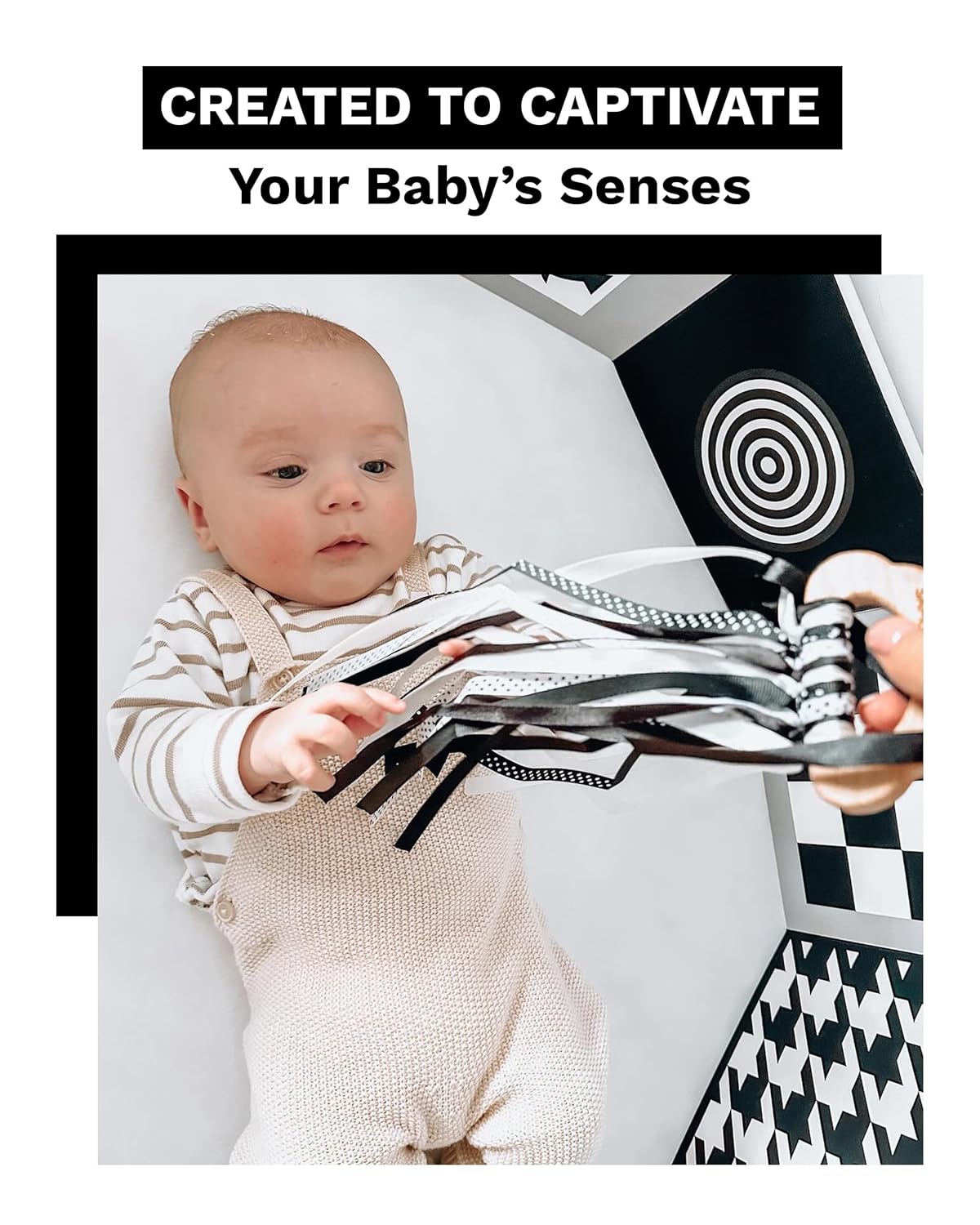 Samuel Sensory Toys Cloud Ribbon - Black and White Baby Toys 0-3 Months Made with Beech Wood & Soft Grosgrain and Satin Ribbon - Developmental High Contrast Baby Toys & Tummy Time Toys