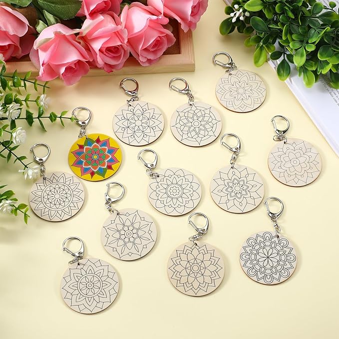 RattanView 24 Pcs Mandala Craft Color Your Own Keychains DIY Craft Wooden Blank