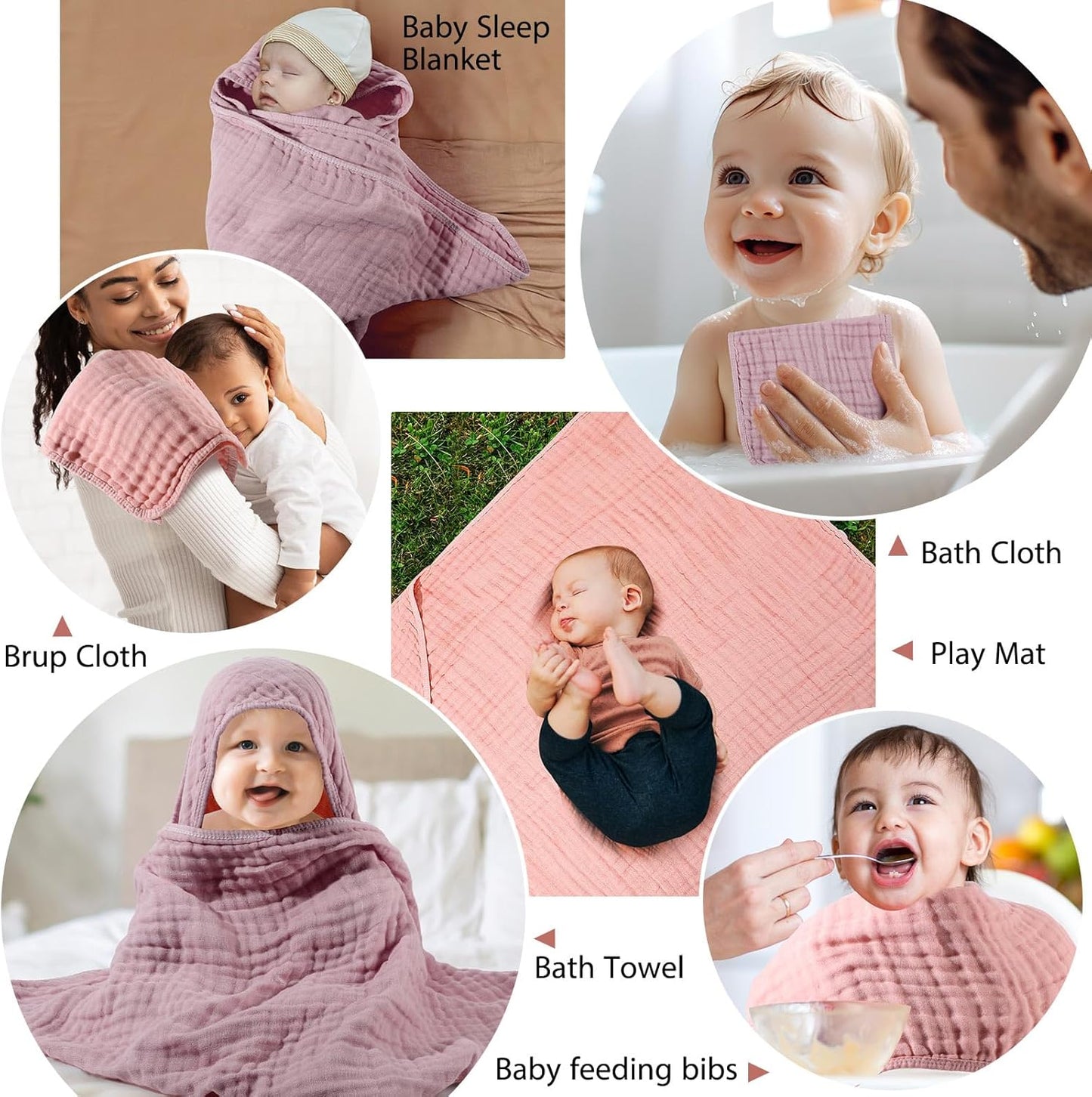 VitalCozy 6 Pcs Baby Muslin Hooded Bath Towels and Washcloths, 32 x 32 Inch Muslin Cotton Hooded Baby Towels Absorbent Hooded Blankets for Gift Newborn Infant Shower (Pink,Rose)