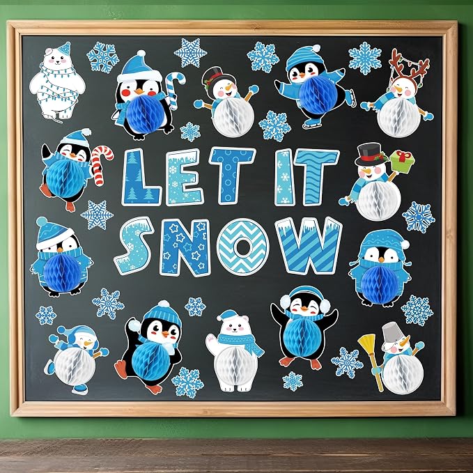 Naozinebi 53PCS 3D Winter Honeycomb Bulletin Board Snowflake Penguin Bulletin