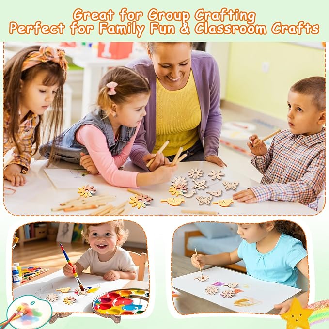 Amosfun 100PCS Wooden Cutouts for Crafts, Unfinished Wood Flowers Bird and