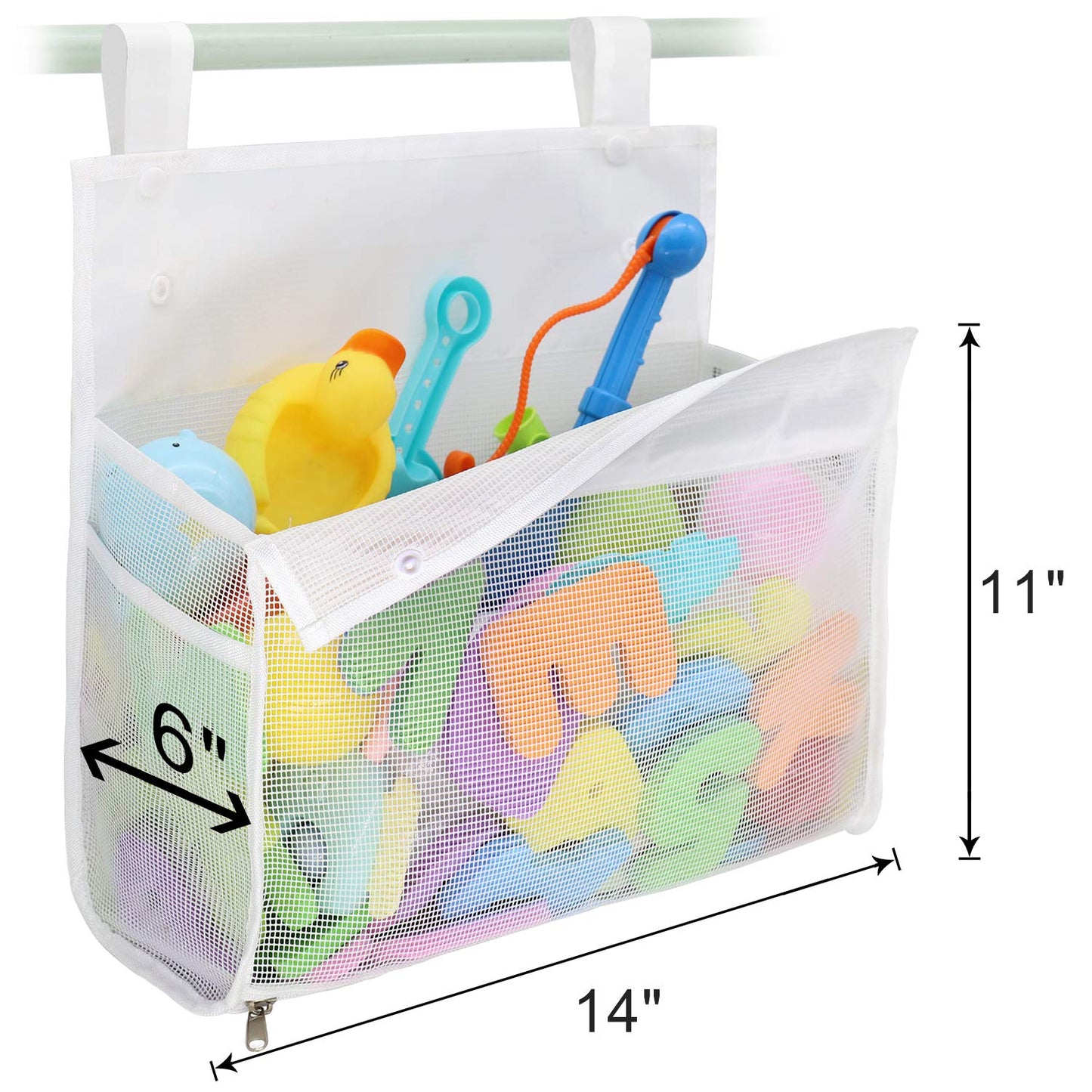 Bath Toy Organizer Multiple Ways to Hang, Extra Large Opening Bathroom Toy Holder, Bottom Zipper Bathtub Toy Storage Bag (White)