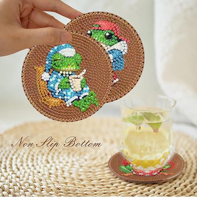 Clendo 8 PCS Coffee Frog Diamond Art Coaster Kits