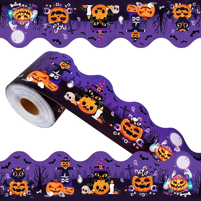 69Ft Halloween Bulletin Board Border Bat Ghost Pumpkin Cat Cobweb Funny