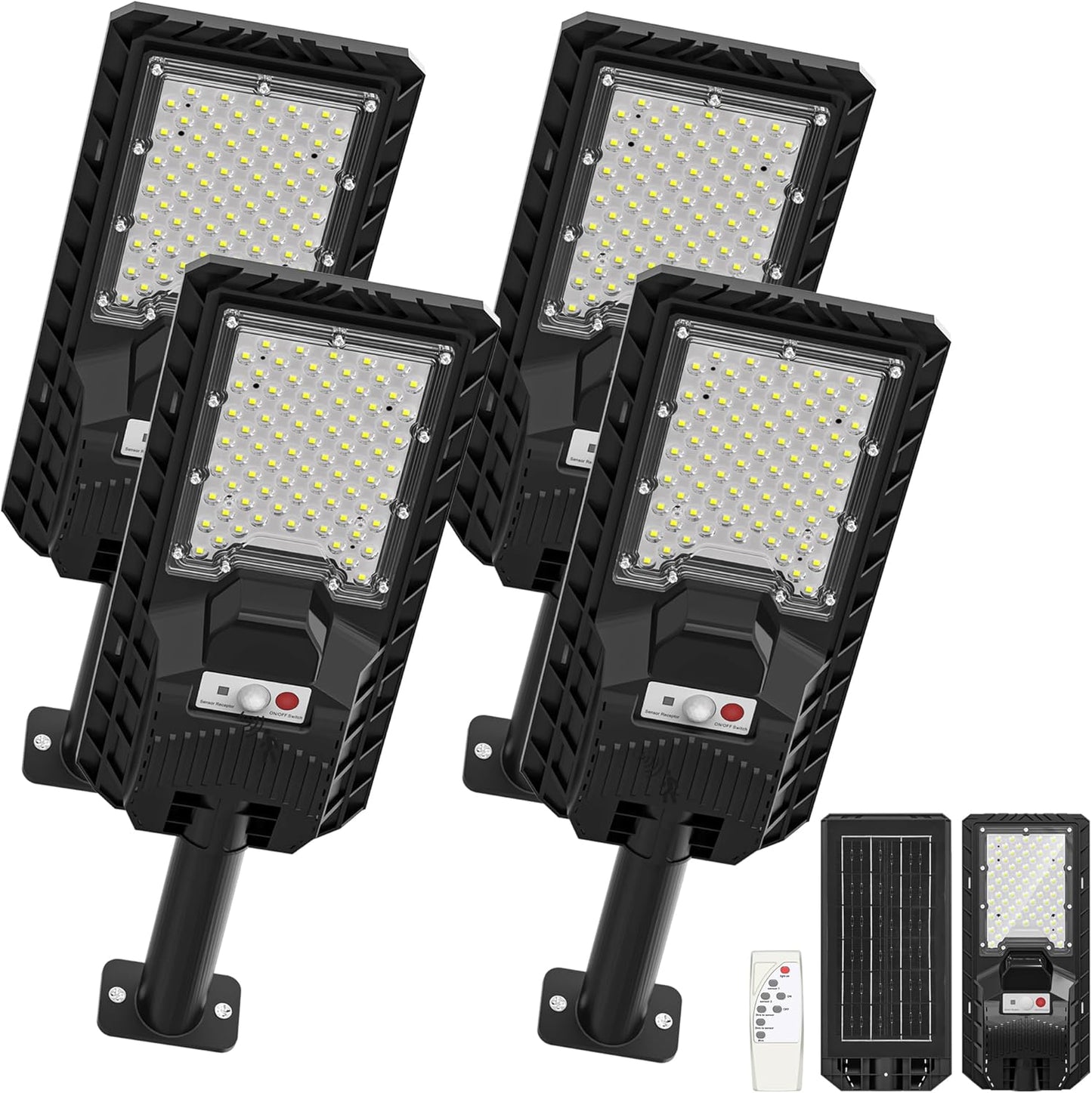 Solar Lights Outdoor Waterproof - 6500K Solar Street Lights Outdoor IP66 Waterproof LED Flood Light with Motion Sensor and Remote Parking Lot Lights Dusk to Dawn for Backyard/Outside/Garage 4Packs