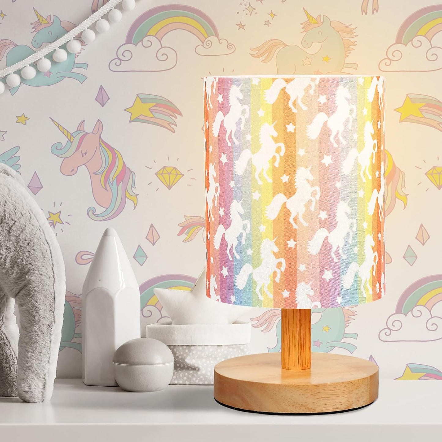 VIHOSE Unicorn Kids Table Lamp for Bedroom Kids Bedside Lamp with Linen Wooden Nightstand Cartoon Nursery Lampshade for Girls Boys Living Room