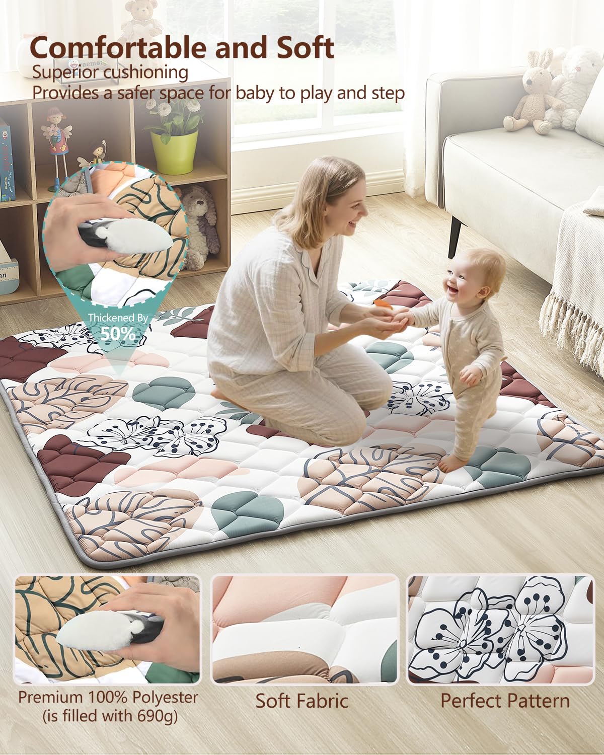 Baby Play Mat 47"x47", Non-Slip Baby Mat for Floor, Soft Thicker Playpen Mat, Portable Playmat, Crawling Mat for Babies, Toddlers & Infants to Play and Learn（Boho）