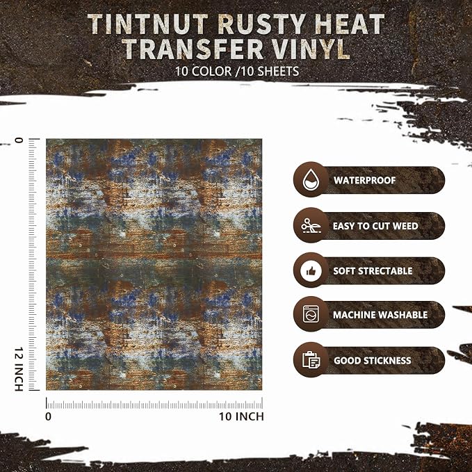 Tintnut Rusty Heat Transfer Vinyl, 10 Sheets 12×10in Iron on Vinyl | Scratched