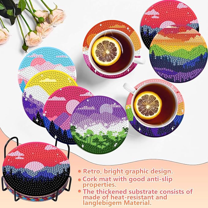 8 PCS Diamond Art Coasters Kits Moutain Sunset Diamond Painting Coaster |