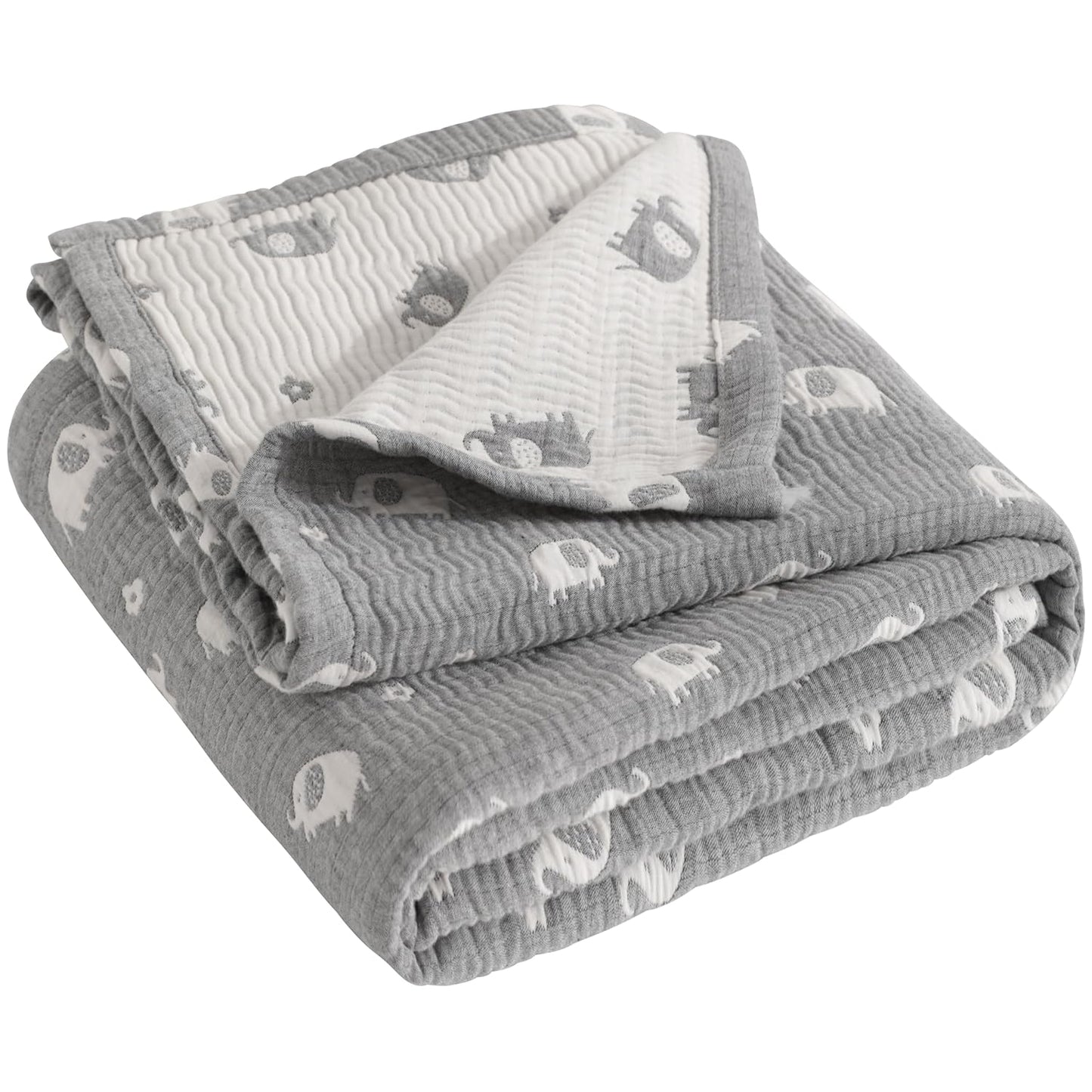 NTBAY 3 Layer Oversized Muslin Cotton Toddler Blanket, Jacquard Reversible Nursery Bed Blanket, Super Soft and Thermal for All Seasons, Baby Gift, 45"x60", Dark Grey Elephant