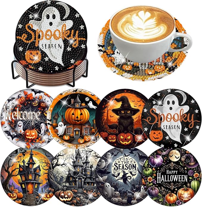 8 PCS Halloween Diamond Art Coasters Kits Diamond Painting Coaster | Diamond
