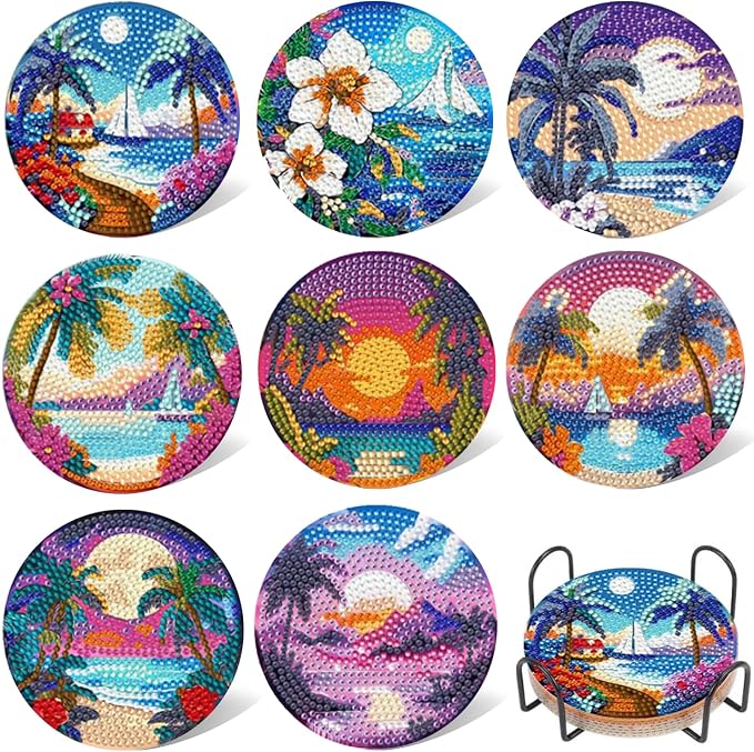 EWJRNSF 8 PCS Beach Diamond Art Coasters DIY Kit