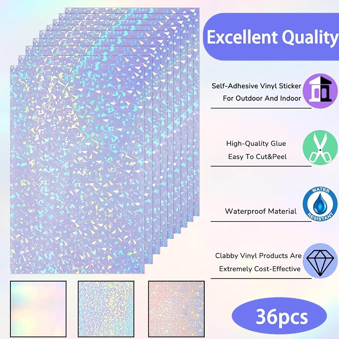 Clabby 36 Sheets Holographic Sticker Paper A4 Vinyl Holographic Laminate Sheets