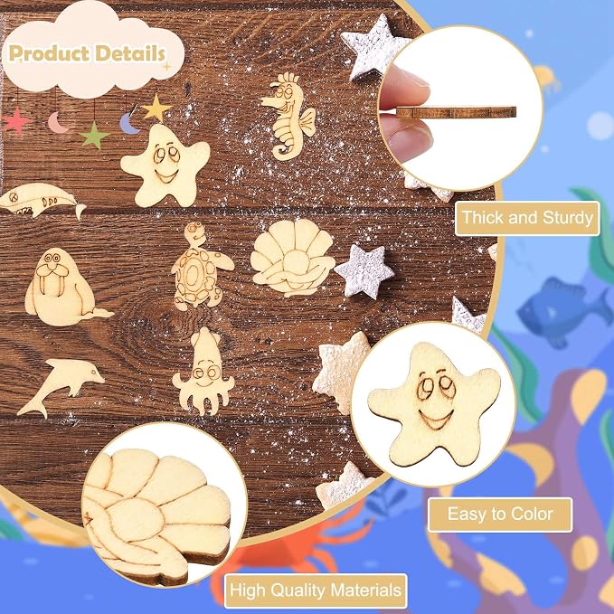 200 pcs Mixed Styles Ocean Animal Theme Undyed Wood Cutout Charms Octopus