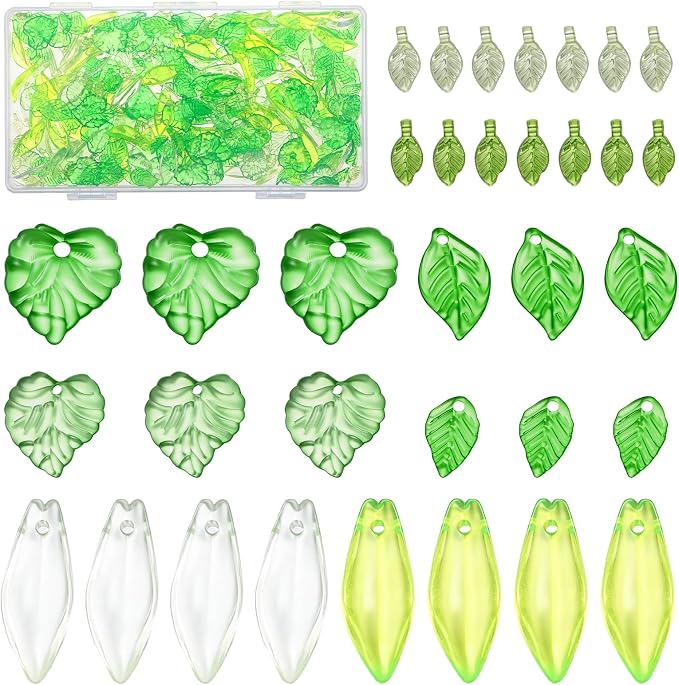 320 PCS Green Leaf Beads for Jewelry Making, Acrylic Green Leaf Charms
