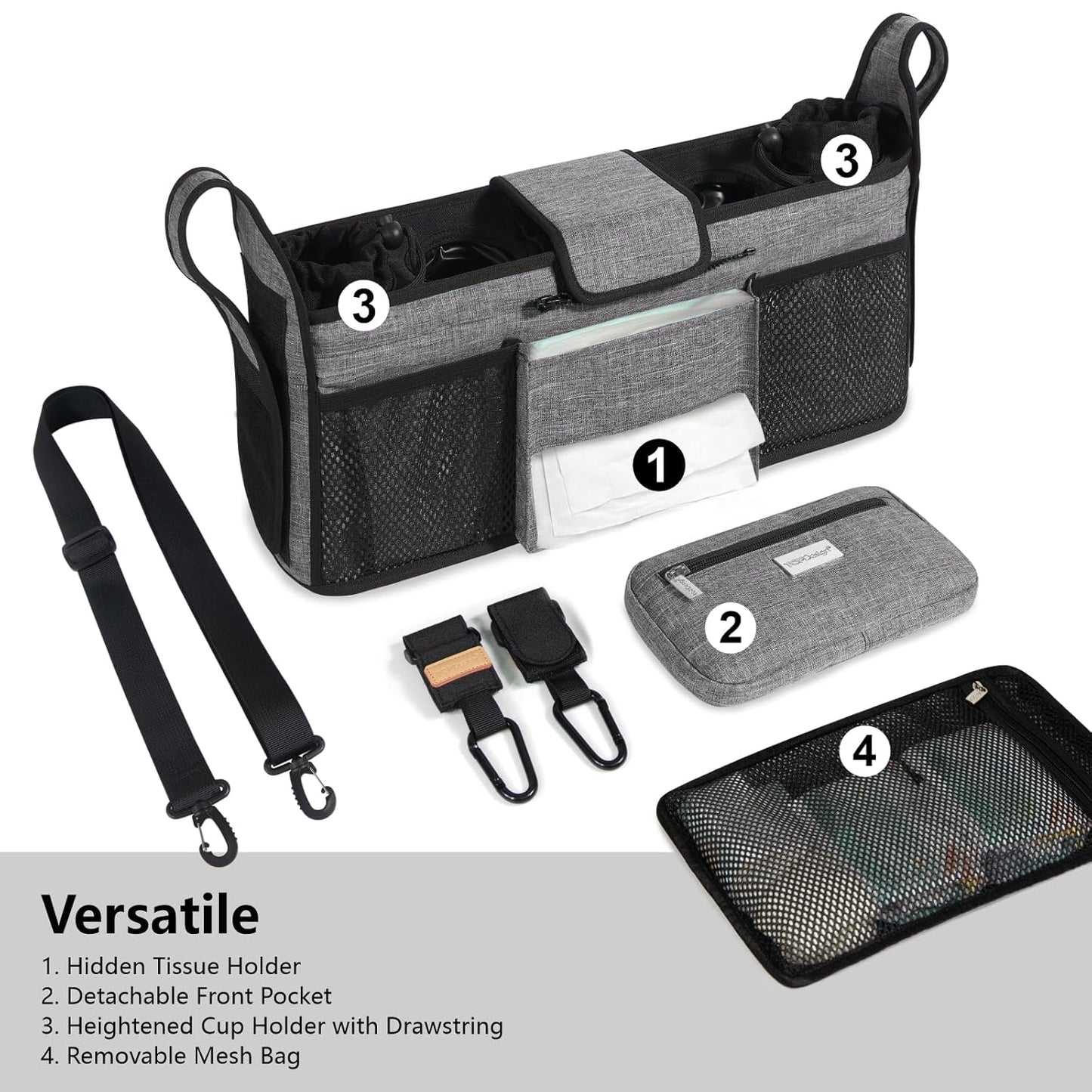 TOPDesign Universal Baby Stroller Organizer, Double Stroller Caddy with Detachable Mesh Bag & Heightened Insulated Cup Holders & Non-Slip Secure Hooks Accessories, Fits Most Strollers (Black)