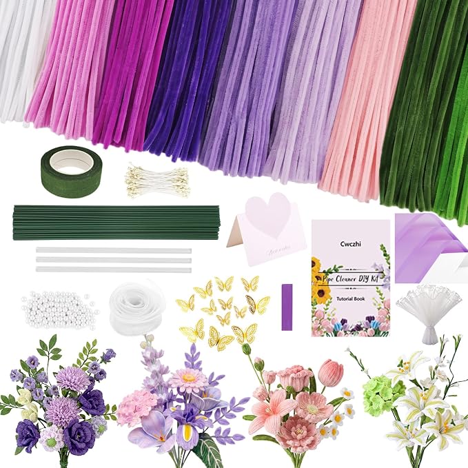 Cwczhi 600 PCS Pipe Cleaners Craft, 9 Colors Purple Pipe Cleaner Flower Kit |