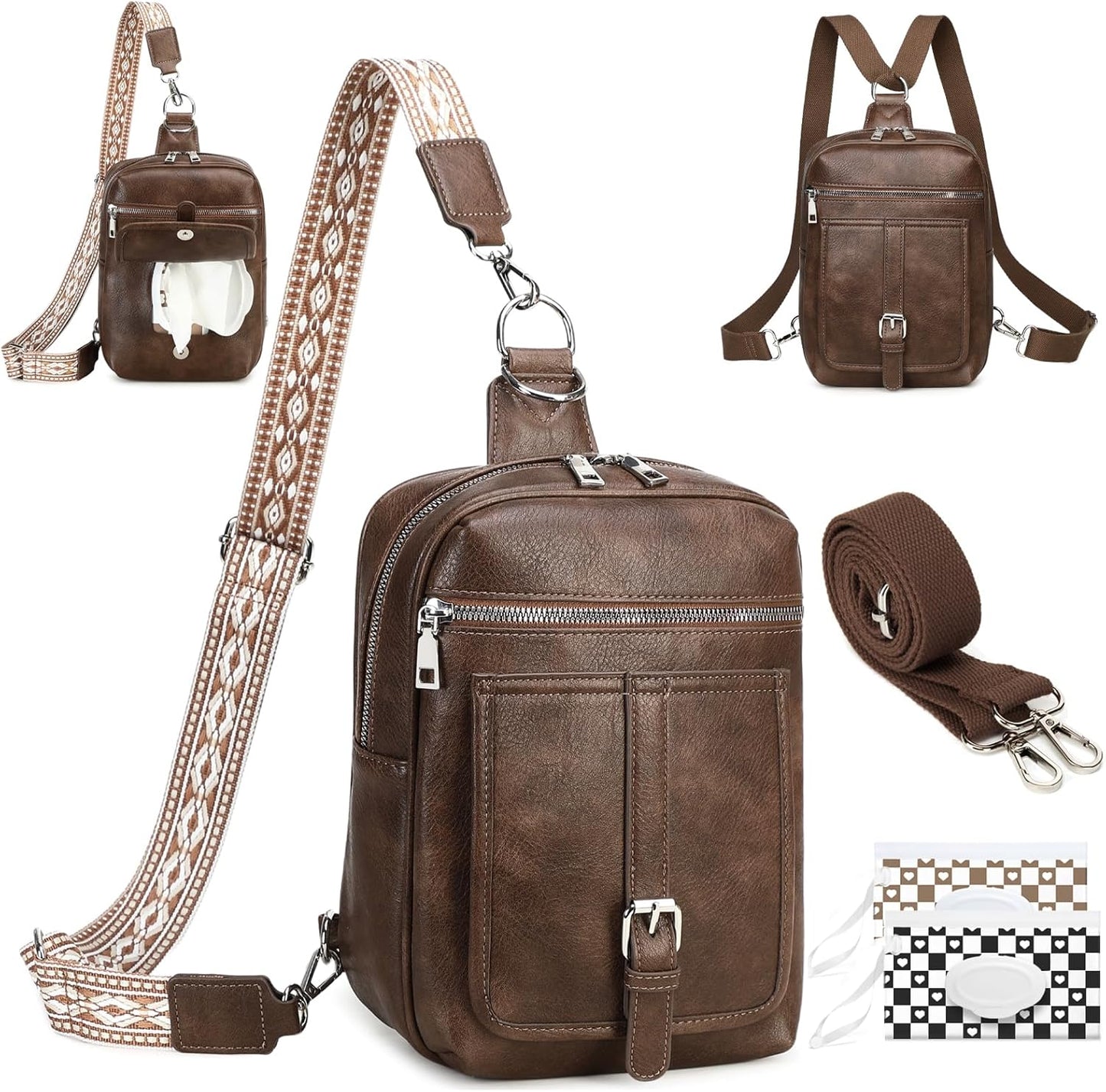 Sling Bag Crossbody Backpack - 2 in 1 Leather Cross Body Bag Fanny Pack with 2 Removable Straps