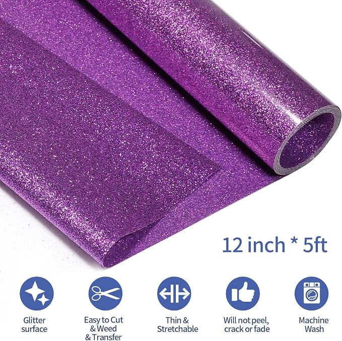 VINYL FROG Glitter HTV Vinyl Heat Transfer Vinyl Roll 12" x 5ft Purple Iron on