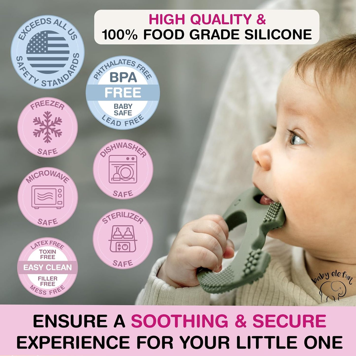 Baby Elefun Baby Teething Toys 5X Pain Relief Zero-Delay 0-6 Months Olive
