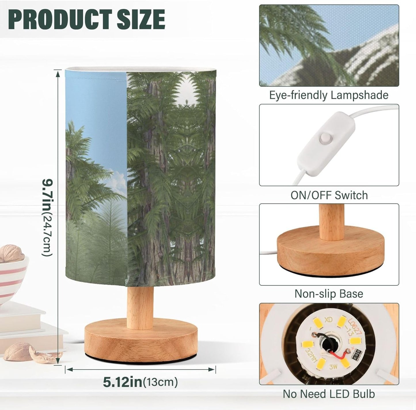 Table Lamp Dinosaur in Jungle Forest Nightstand Lamp with Wood Base Fabric Lamp Shade Bedside Desk Lamp for Living Room Bedroom Kids Room Office