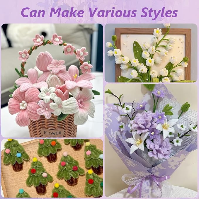 Cwczhi 600 PCS Pipe Cleaners Craft, 9 Colors Purple Pipe Cleaner Flower Kit |