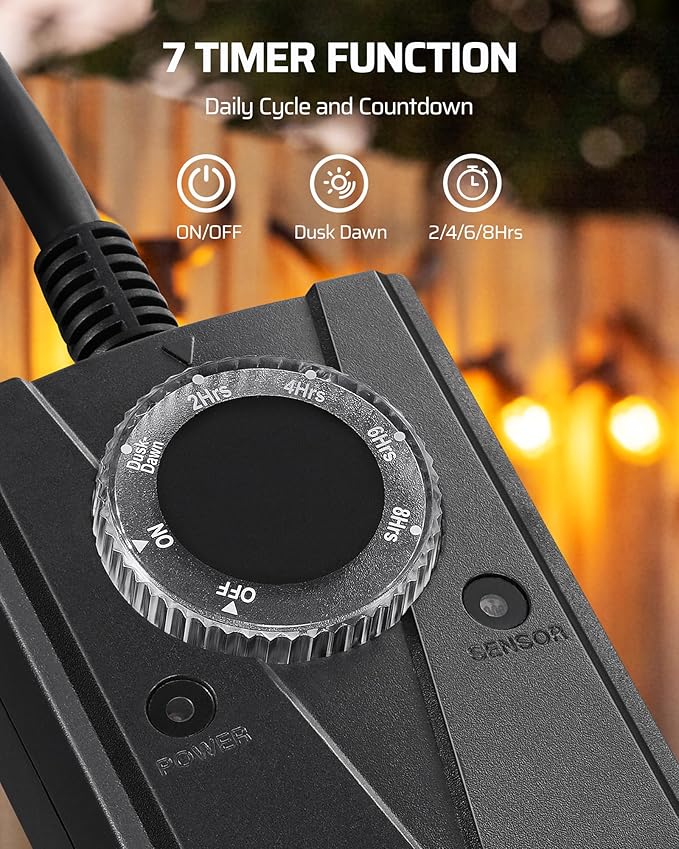 DEWENWILS Outdoor Light Timer Waterproof, Plug in Timer Switch, Electrical Outlets for Decoration Lights, String Lights, 15A 1/2HP UL Listed
