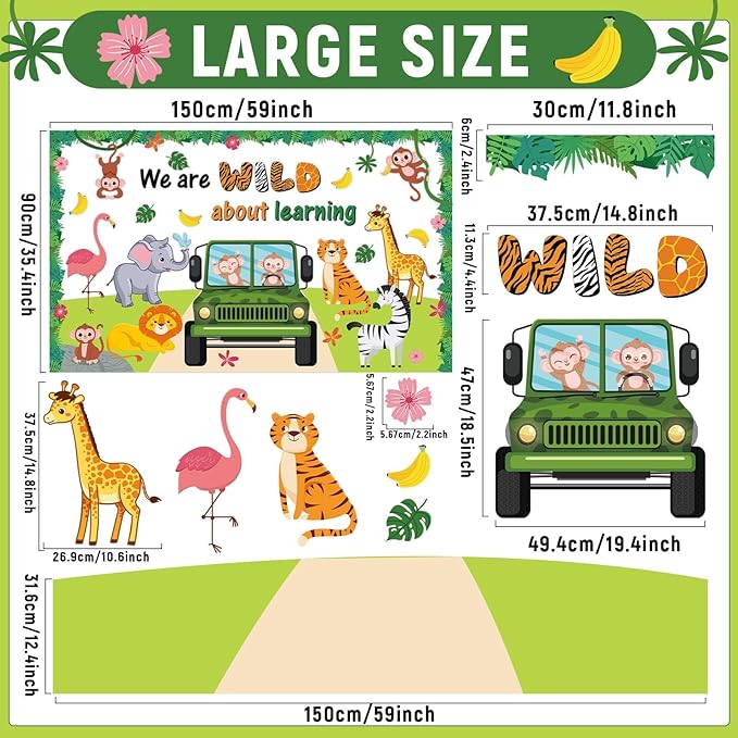 72PCS We Are Wild About Learning Bulletin Board Set Jungle Animals Truck