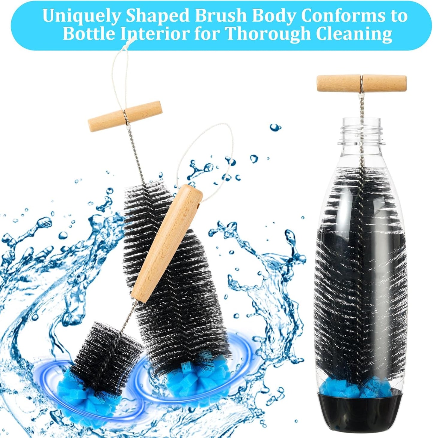 Mimorou 2 Pack Sponge Bottle Brush Compatible with SodaStream, Soda Bottle Cleaner Brush with Gentle & Anti-Scratch Bristles, Wood Handle for Glassware Cleaning, Black