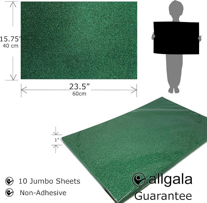 Allgala Jumbo Glitter EVA Foam Sheets 10 Pack 16x24 inch Paper Sheets- Green