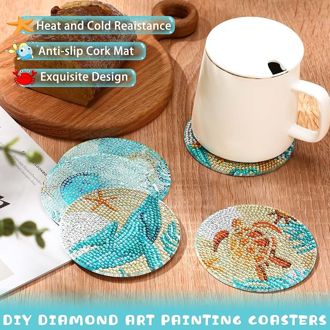 UPINS Ocean Diamond Art Painting Coaster Kit, Non Slip Coaster Art Supplies