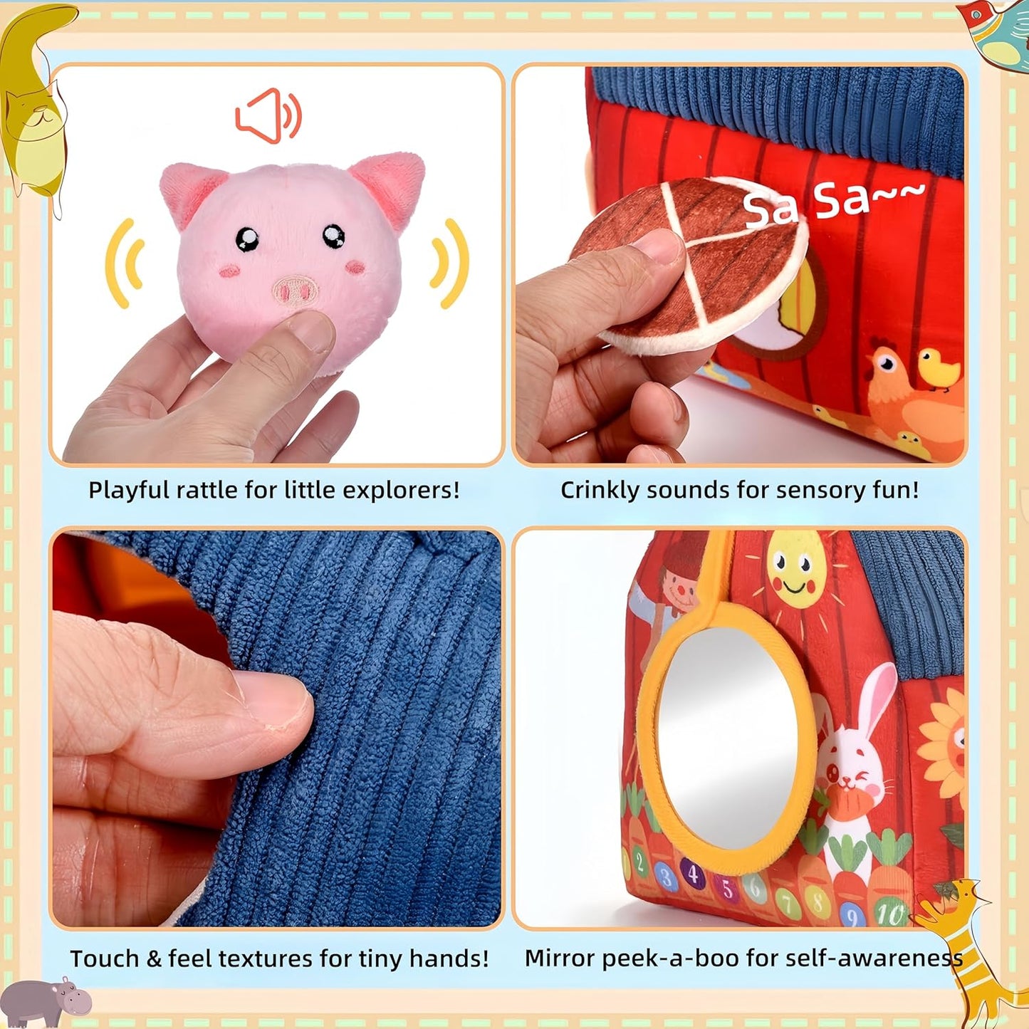 Baby Toys for 1 Year Old, Surprise Barn Stuffed Farm Animals, Crinkle, Rattle, Mirror, Montessori Toys for One Year Old Boy Girl Birthday Gift, Christmas Baby Stocking Stuffers for 1-3 Toddler
