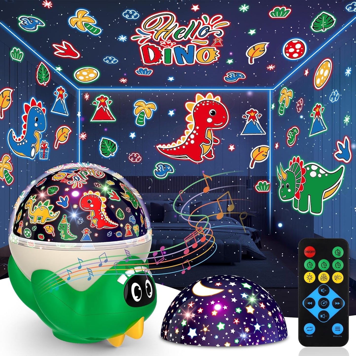 Dinosaur Night Light Projector for Kids Room, Boy Girl Dino Lamp with 10 Soothing Music& Timer, Remote Control, Colorful Projection Effect, High Brightness, Birthday Gifts Dinosaur Toys for Kids 3-7