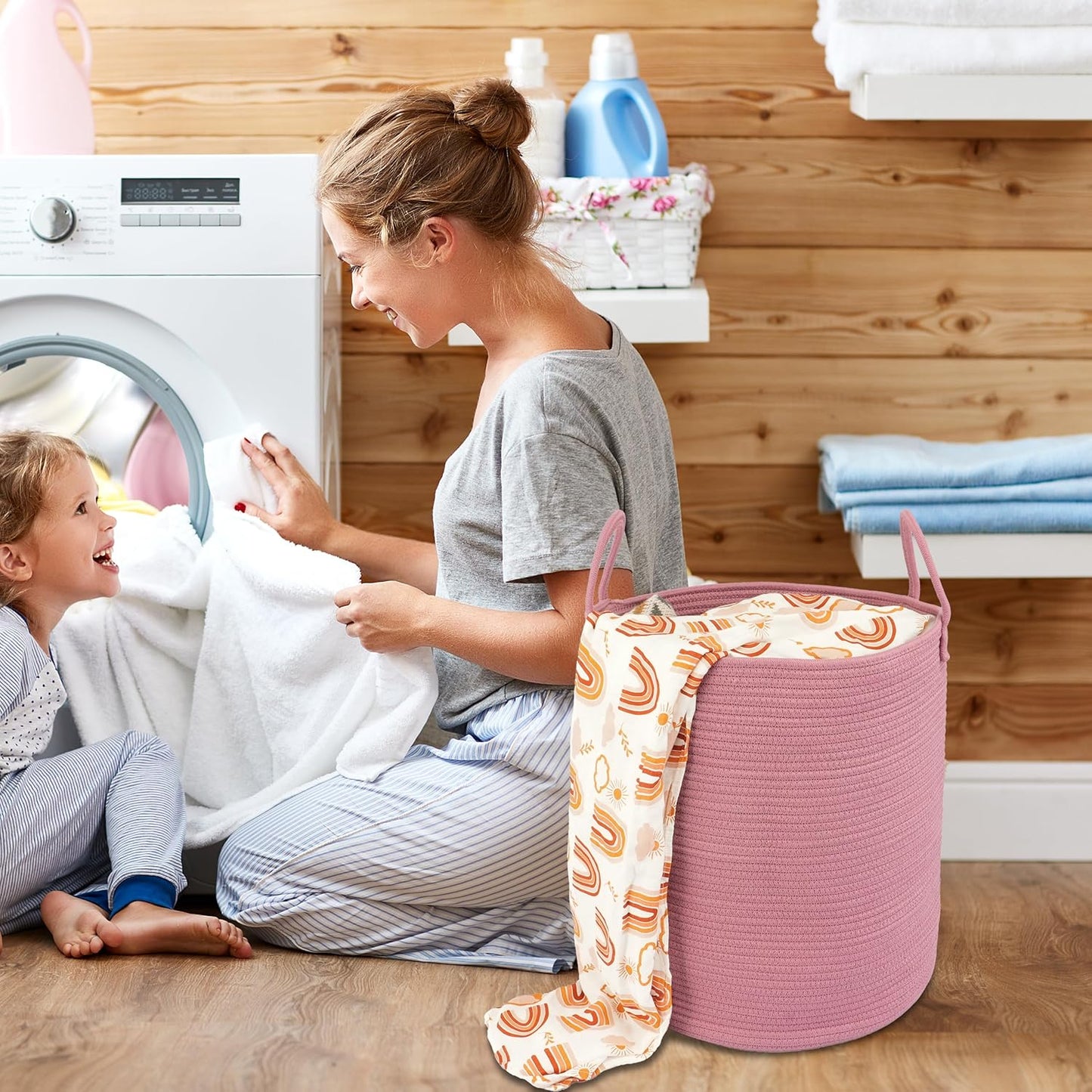 Cotton Rope Laundry Basket Hamper for Clothes Woven Storage Basket for Living Room Bedroom Boho Tall Rope Baskets for Blanket Toys Pillow Towels Baby Nursery Hamper Bin grape purple