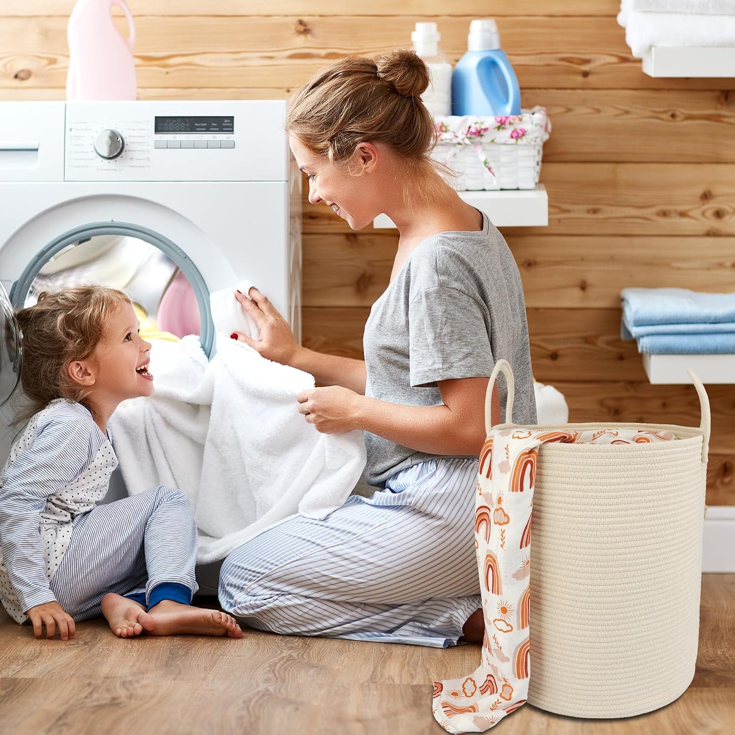 Cotton Rope Laundry Basket Hamper for Clothes Woven Storage Basket for Living Room Bedroom Boho Tall Rope Baskets for Blanket Toys Pillow Towels Baby Nursery Hamper Bin beige