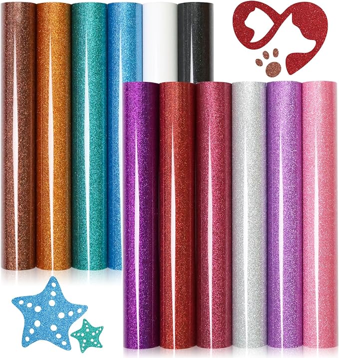 DUEUIOE Glitter Heat Transfer Vinyl 12 Pack 12x10 Inch Easy Cut Glitter HTV