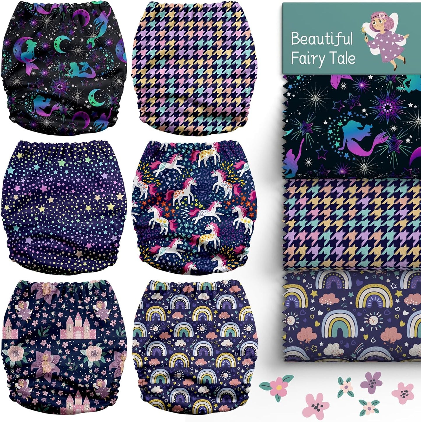 Mama Koala 3.0 Cloth Diapers for Babies with AWJ Lining, 6 Pack with 6 Natural Cloth Diaper Inserts - Reusable and Washable Pocket Diapers (Beautiful Fairy Tale)