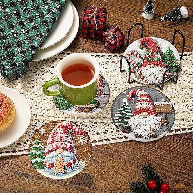 Clendo 8 PCS Christmas Gnome Diamond Art Coaster Kits
