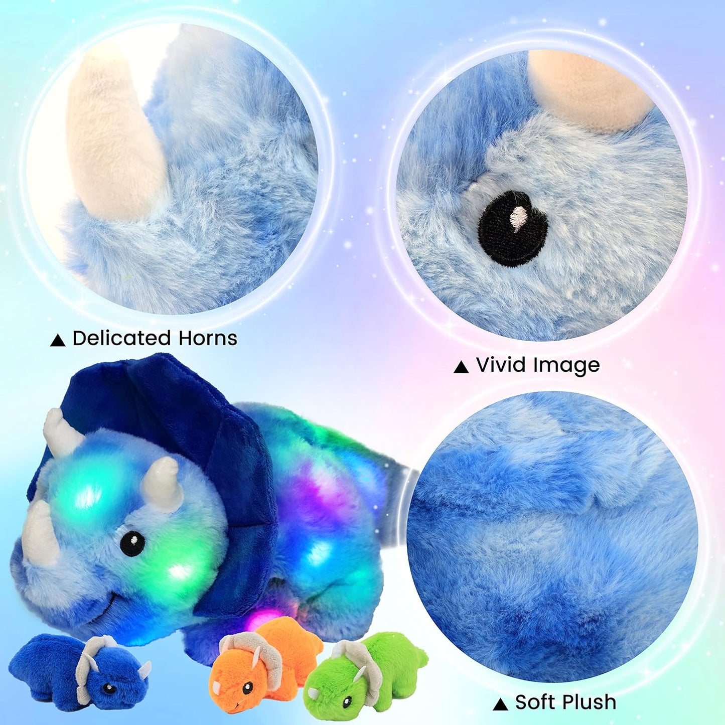 Hopearl LED Plush Dinosaur Lighting Up Stuffed Mommy Triceratops with 3 Babies in her Tummy Floppy Stuffed Animal Playset Night Lights Glow in The Dark Gifts for Kids Toddler Boys, Blue, 15''