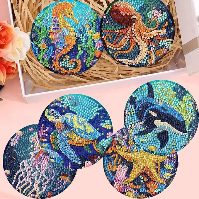 8 Pack Diamond Art Coasters, Ocean animal Diamond Painting Coasters Kits |