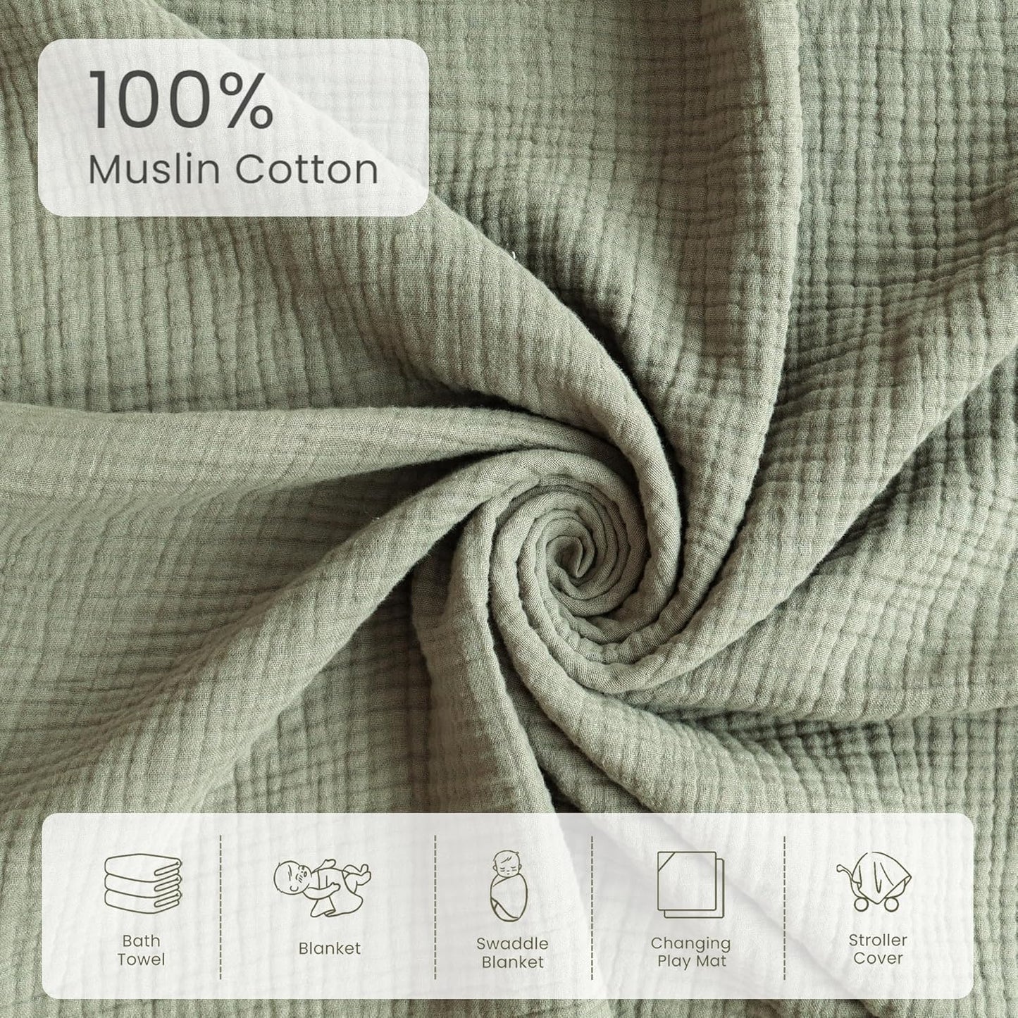 Konssy 2-Pack Muslin Hooded Baby Towels, 100% Cotton, Ultra-Soft & Absorbent Baby Bath Towels with Hood for Newborn & Infant (Fog Green, Sprout, 32" x 32")