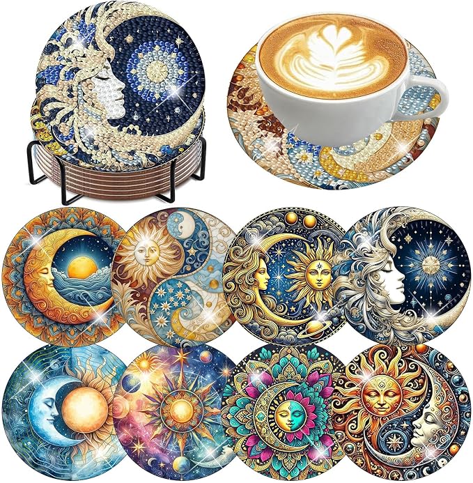 8 PCS Diamond Art Coasters Kits Sun and Month Diamond Painting Coaster |
