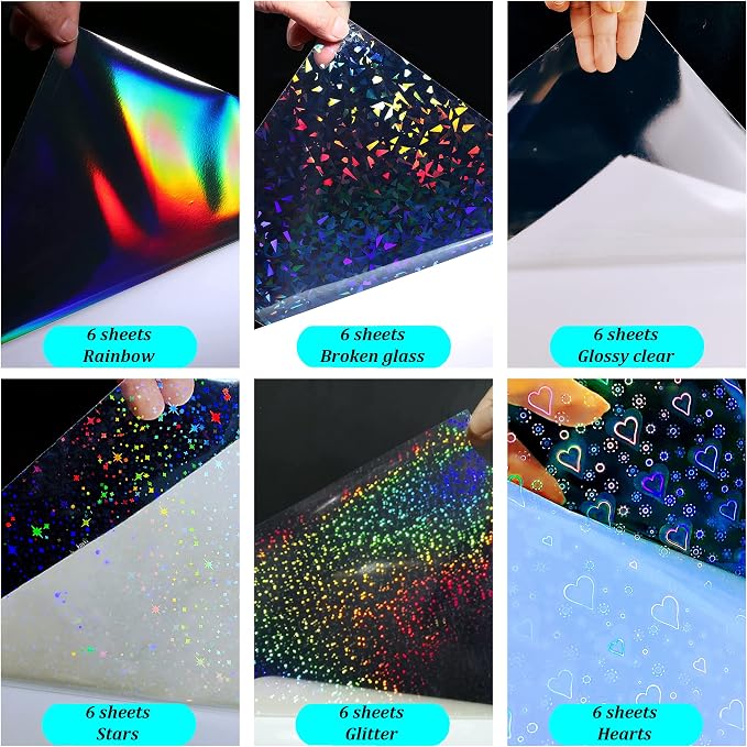 36 Sheets Holographic Sticker Paper Holographic Clear Vinyl Self Adhesive